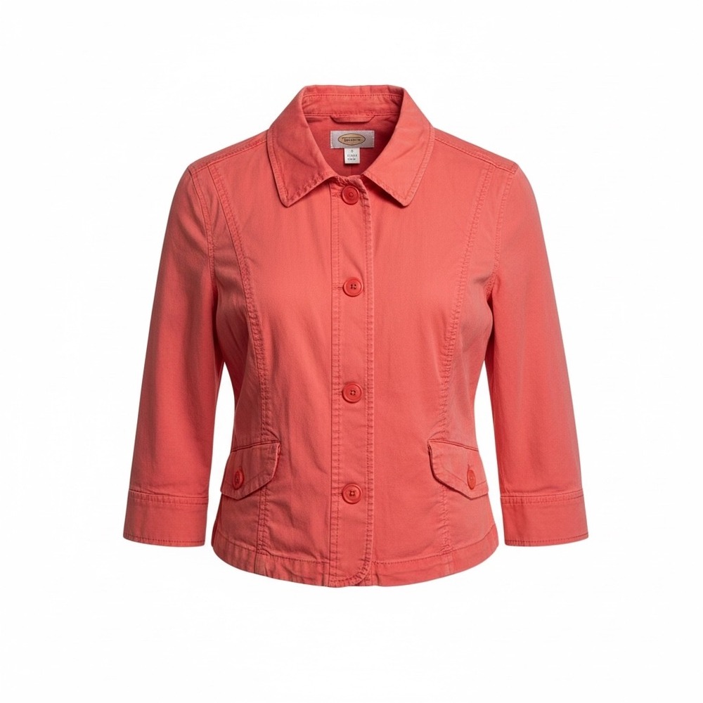Talbots Jacket Womens 14 Coral Pink Button Front 3/4 Sleeve Stretch‎ Cotton